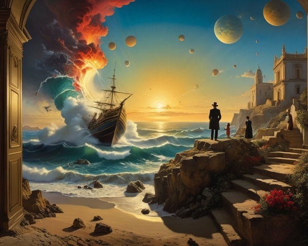 Surreal Ship Sailing Through Cosmic Waves and Sunset