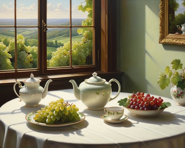 Still Life of Teapots and Grapes by a Window