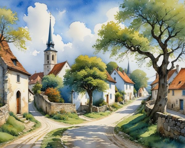 Charming Village Scene with Rustic Houses and Steeple