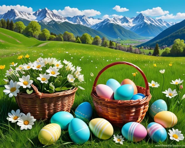 Vibrant Spring Landscape with Daisies and Easter Eggs