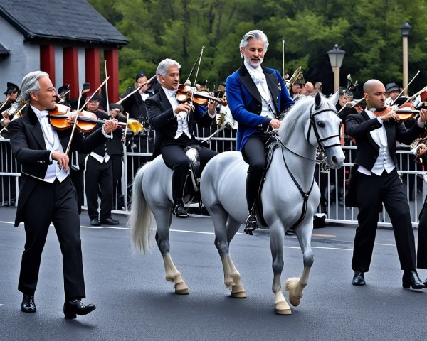 Elegant Horseback Musicians in a Festive Procession