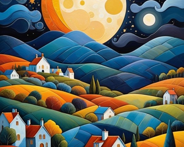 Vibrant Folk Art Landscape with Starry Night Sky