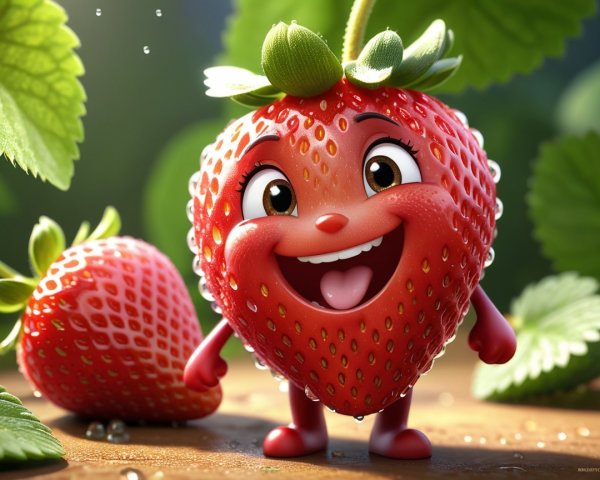 Cheerful anthropomorphic strawberry character in greenery
