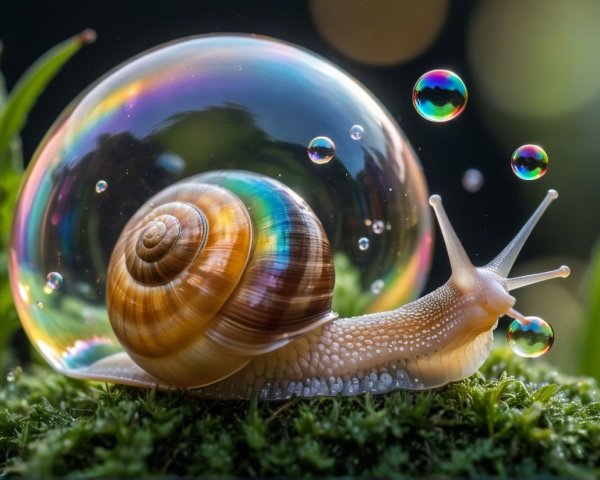 Snail on Moss Inside Colorful Soap Bubble and Droplets