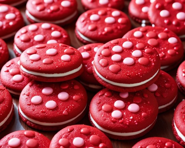 Vibrant Red Macarons with Polka Dot Decorations