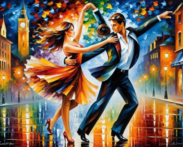 Couple Dancing in Colorful Rain-Soaked Cityscape