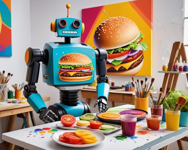 Cartoon Robot in Art Studio with Cooking Ingredients