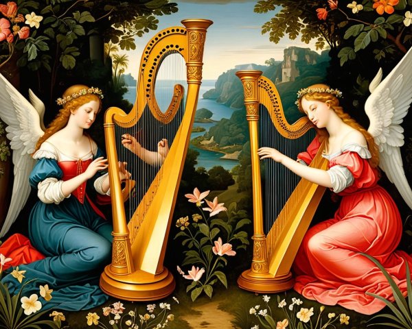 Angels Playing Harps in a Serene Landscape