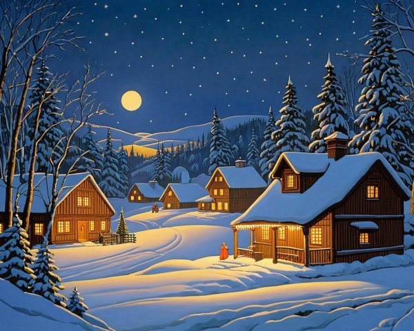 Winter Village Night Scene with Snow and Moonlight