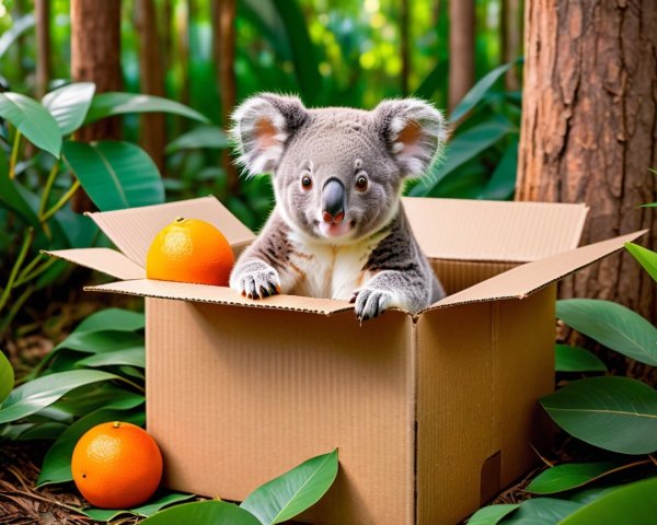 Koala in Cardboard Box Surrounded by Greenery and Oranges