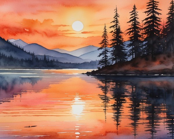 Watercolor Landscape of Serene Lake at Sunset