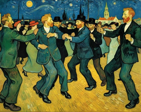Lively Night Scene with Dancing Men and Vibrant Sky
