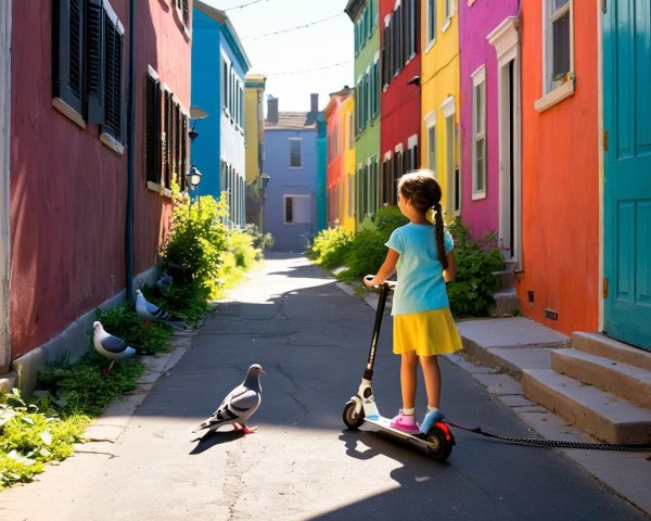 Young girl riding scooter in colorful alleyway scene