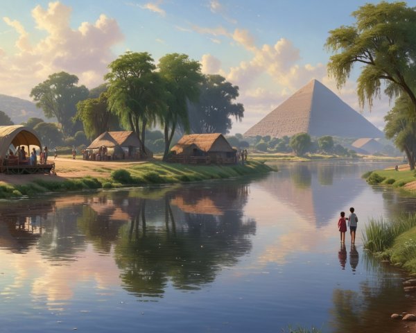 Small River in Colorful Landscape with Children