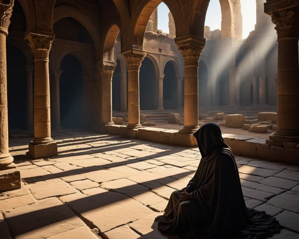Cloaked Figure Meditating in Ancient Architectural Space
