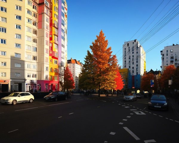 Vibrant Urban Scene with Colorful Buildings and Trees