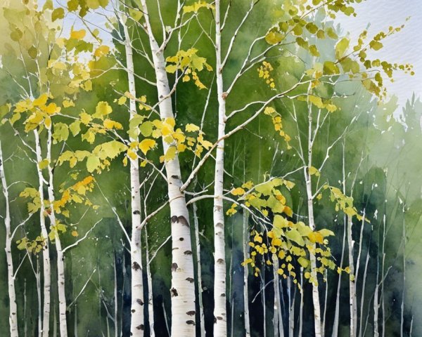 Watercolor Forest Scene with Birch Trees and Autumn Hues