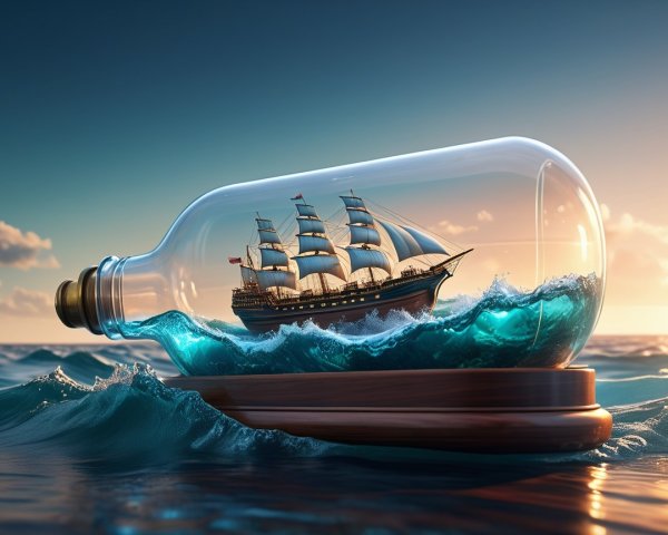 Ship in Bottle with Dynamic Waves and Sunset Sky