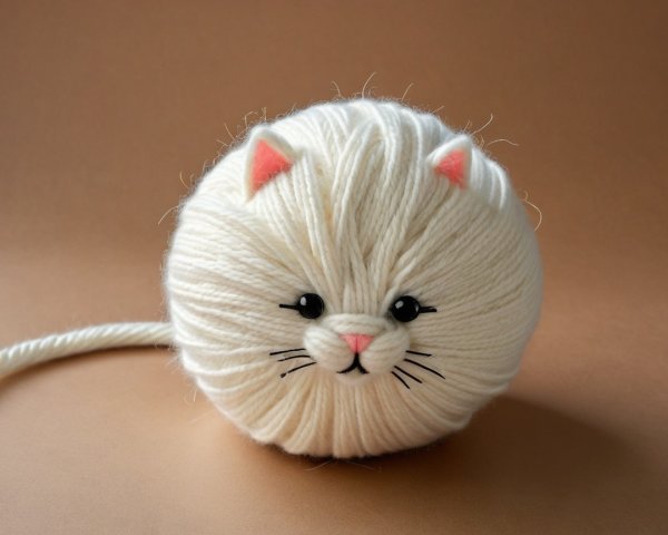 Fluffy White Yarn Cat with Cute Facial Features