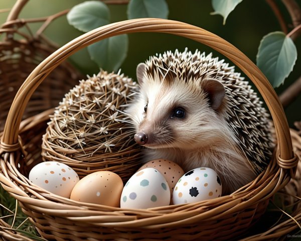 Hedgehog in Basket Surrounded by Decorative Eggs