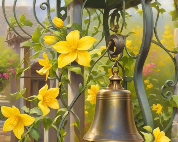 Charming Garden Scene with Bronze Bell and Vines