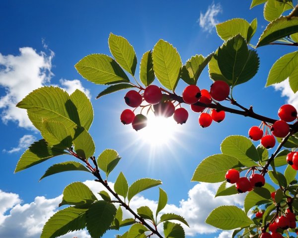 Vibrant Branch with Red Berries Against Sunlit Sky