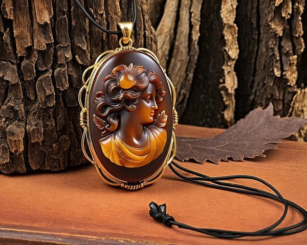 Brown and bronze oval cameo pendant with profile design
