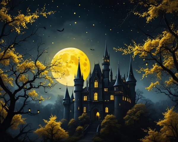 Majestic Castle in Enchanted Forest at Night