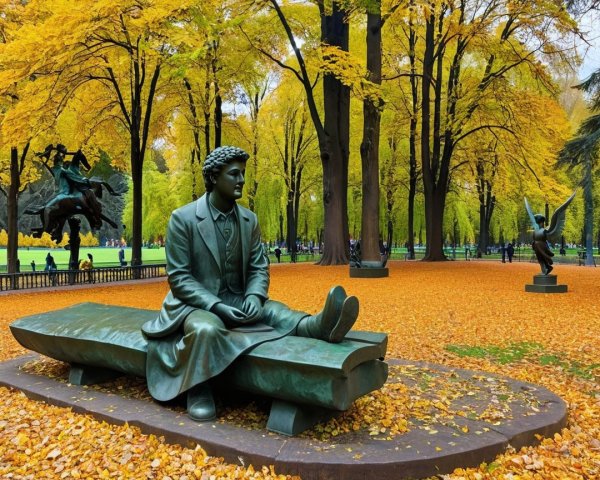 Life-sized bronze statue in a park with fall foliage