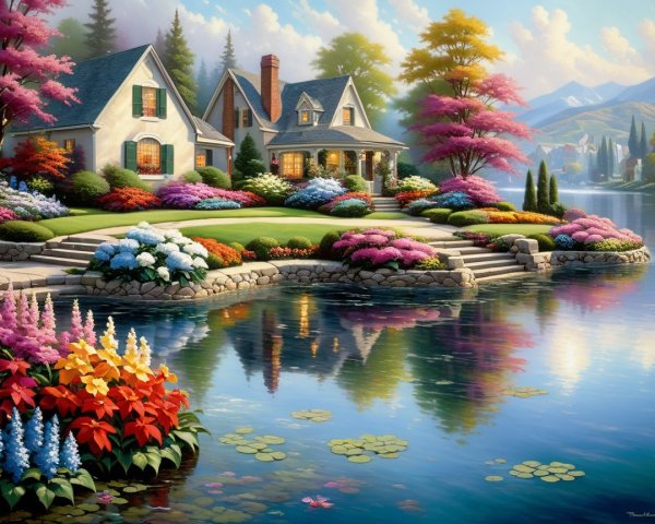 Charming House by a Serene Lake Surrounded by Flowers