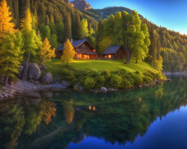 Lakeside Cabins Amidst Vibrant Autumn Foliage