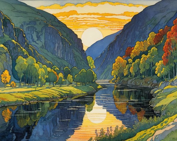 Watercolor Painting of a Valley at Sunset with River