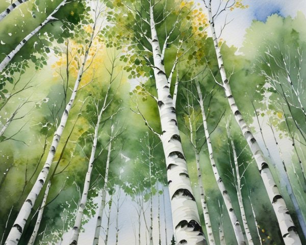 Watercolor Painting of Birch Trees in Tranquil Setting