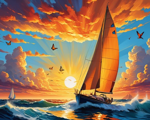 Sailboat on Vibrant Waters at Sunset with Butterflies