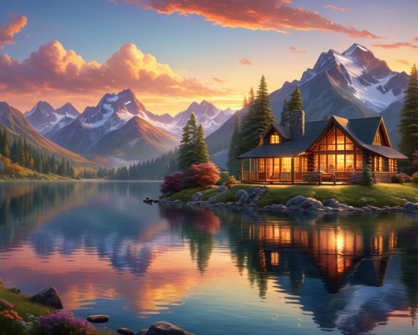 Picturesque cabin by serene lake and majestic mountains