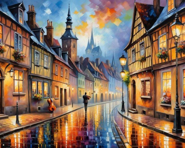 Whimsical Town Watercolor at Dusk with Musicians