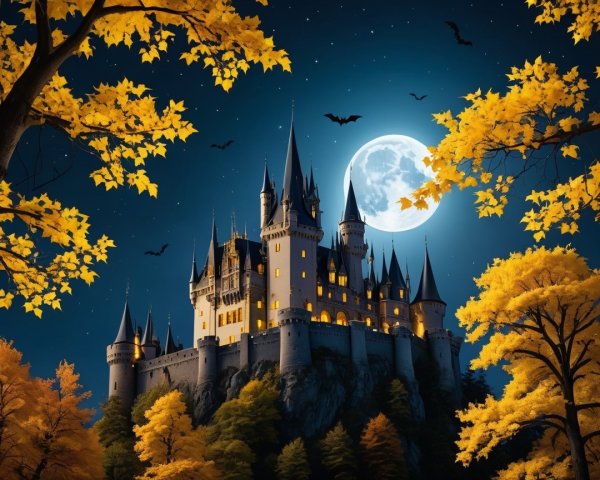 Majestic castle illuminated by a full moon at night