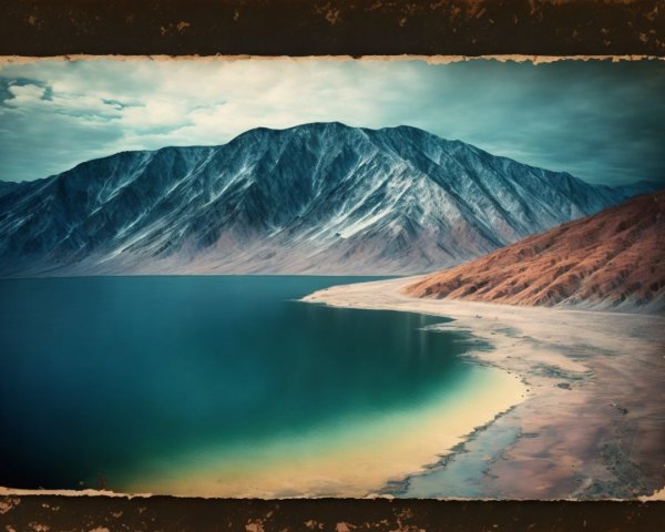 Serene Landscape with Water, Sandy Shore, and Mountains