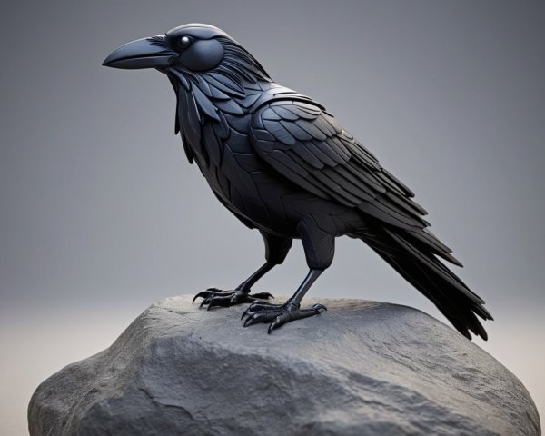 Black Raven Sculpture on Textured Rock Display
