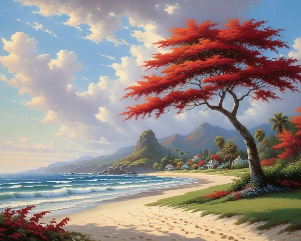 Serene Beach Scene with Vibrant Nature Elements