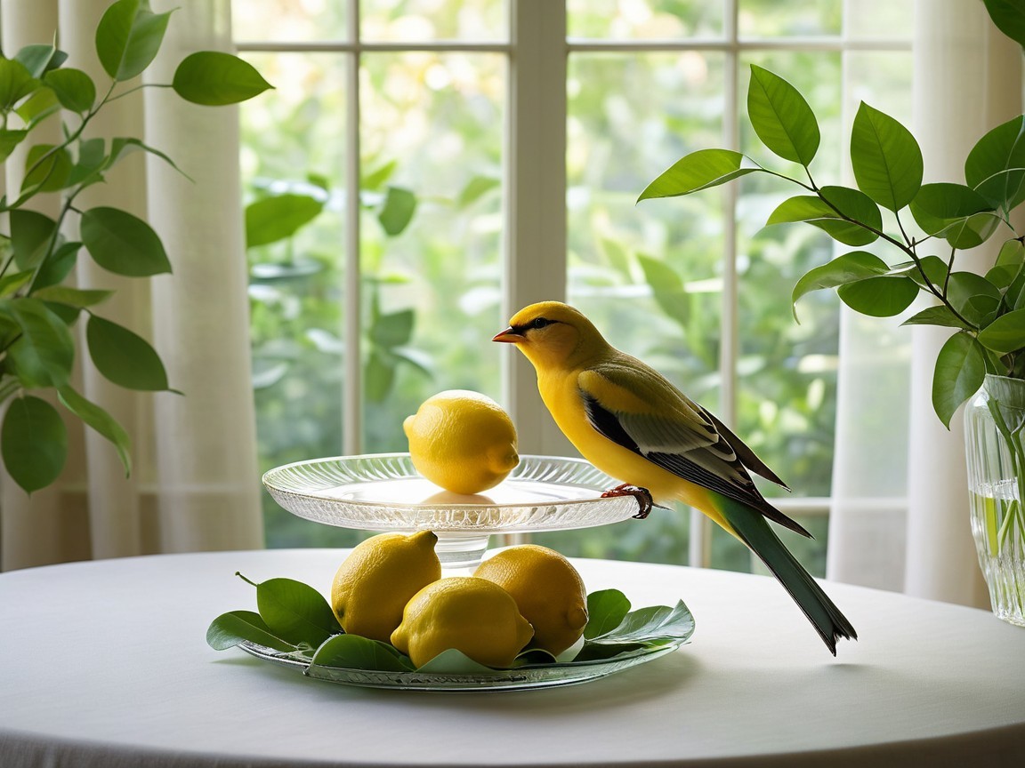 Yellow Bird on Glass Dish with Fresh Lemons and Foliage