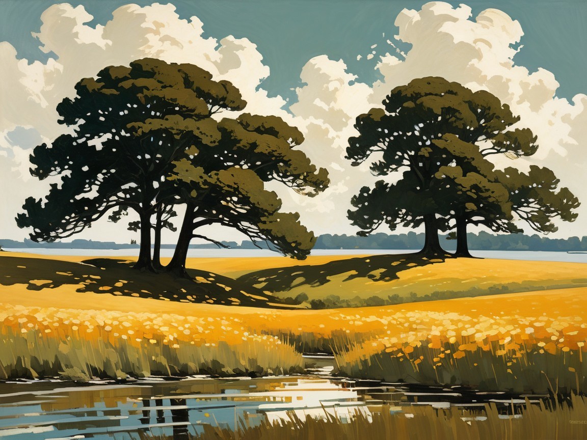 Impressionistic Painting of Serene Landscape and Water