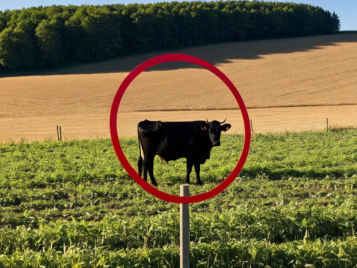 Black Cow in Green Field with Red Circle Framing