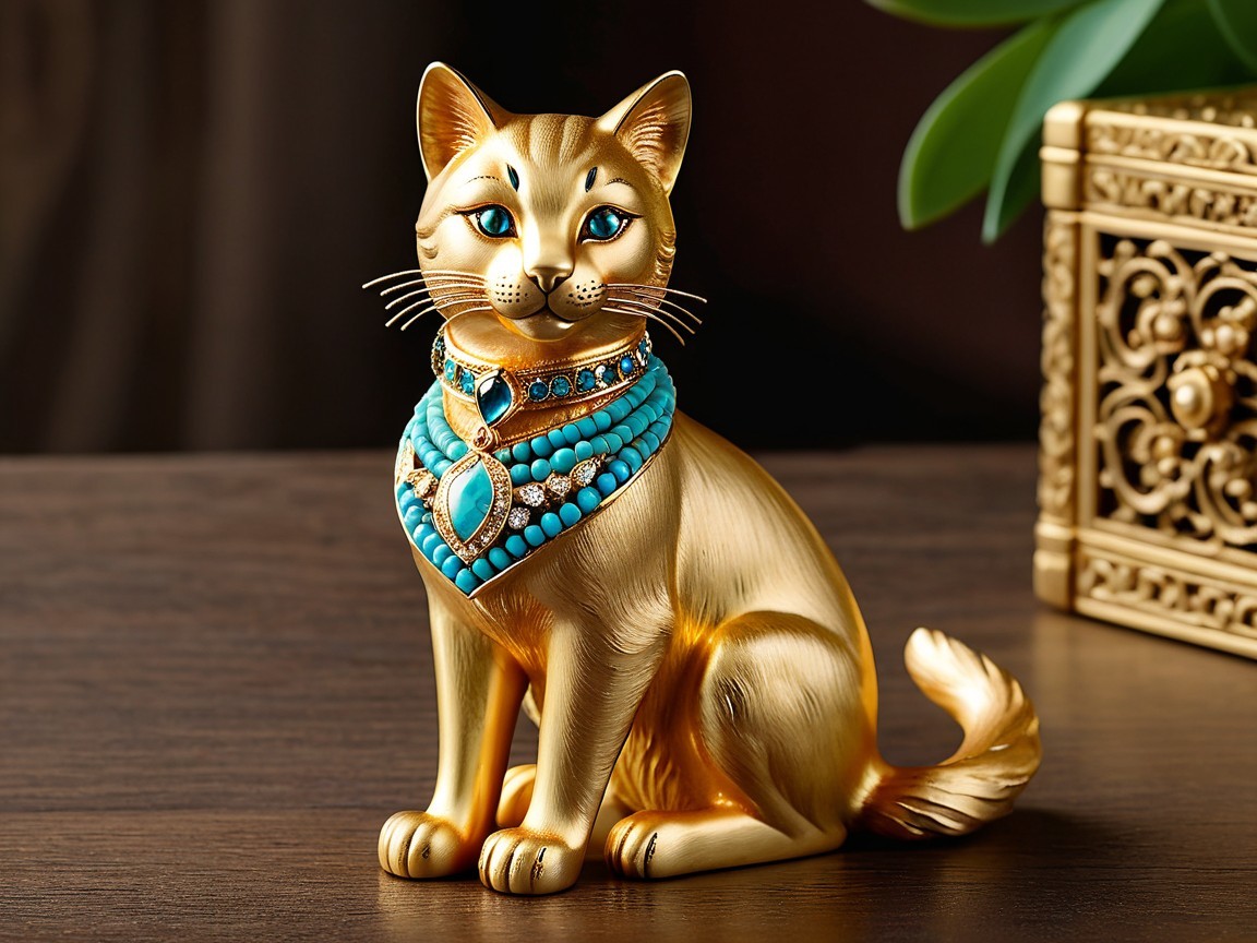 Golden cat figurine with blue eyes and jeweled collar