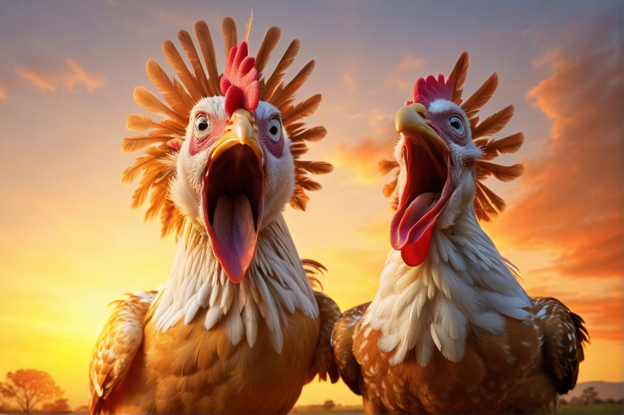 Vividly Colored Chickens Against a Sunset Background