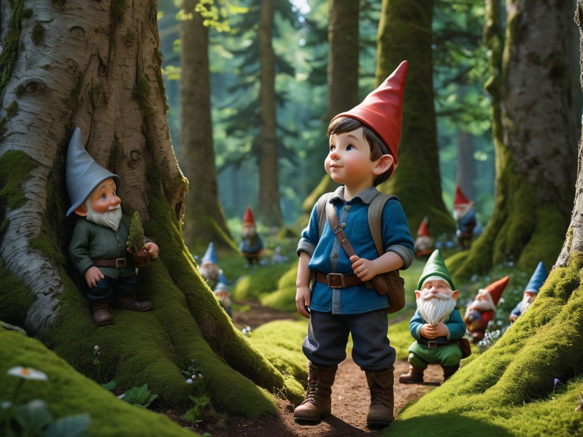 Young Boy Surrounded by Whimsical Garden Gnomes