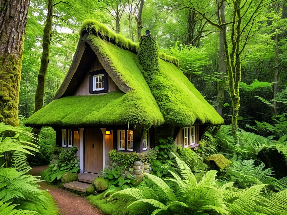 Whimsical Cottage Surrounded by Lush Green Forest