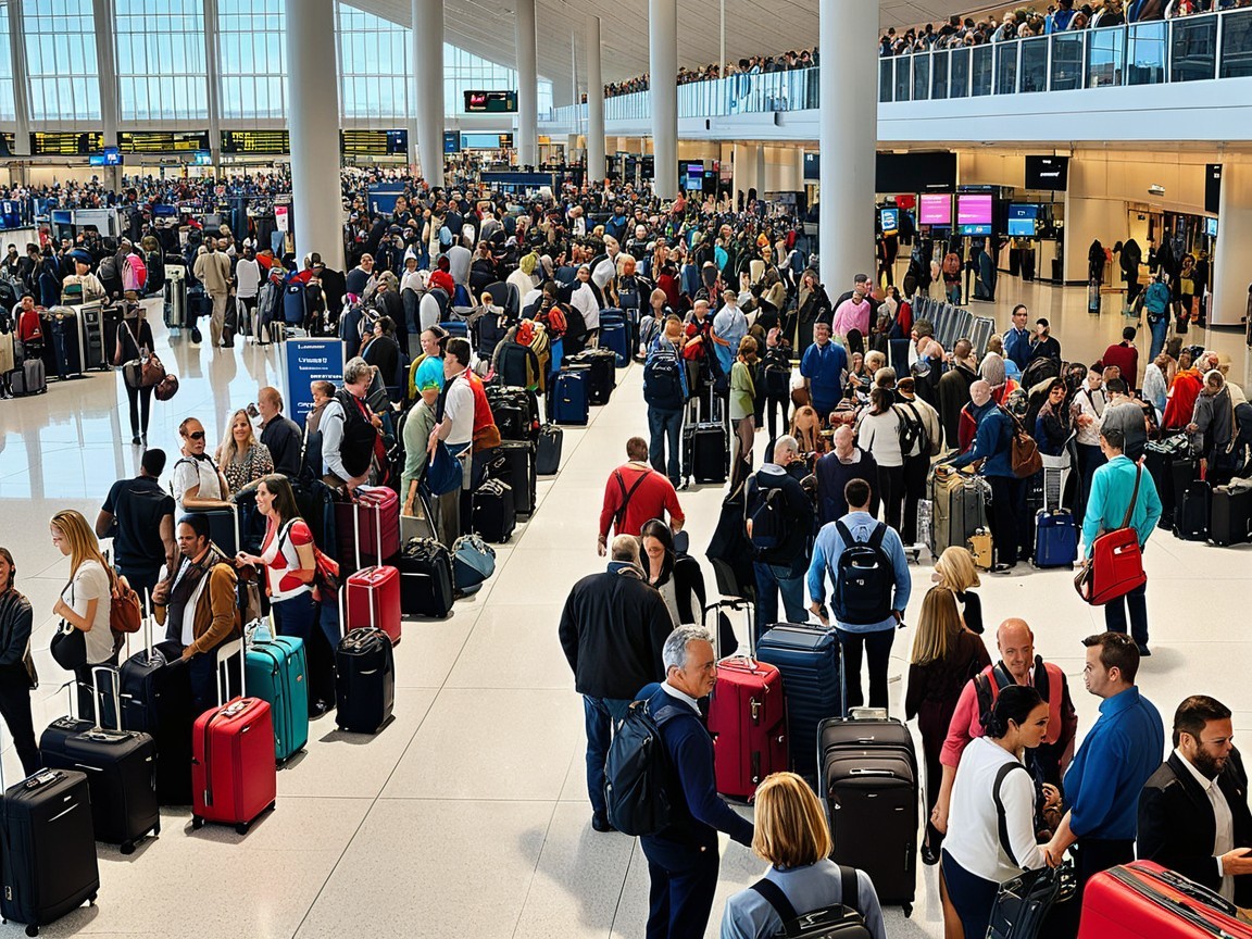 Busy airport terminal with travelers and luggage

