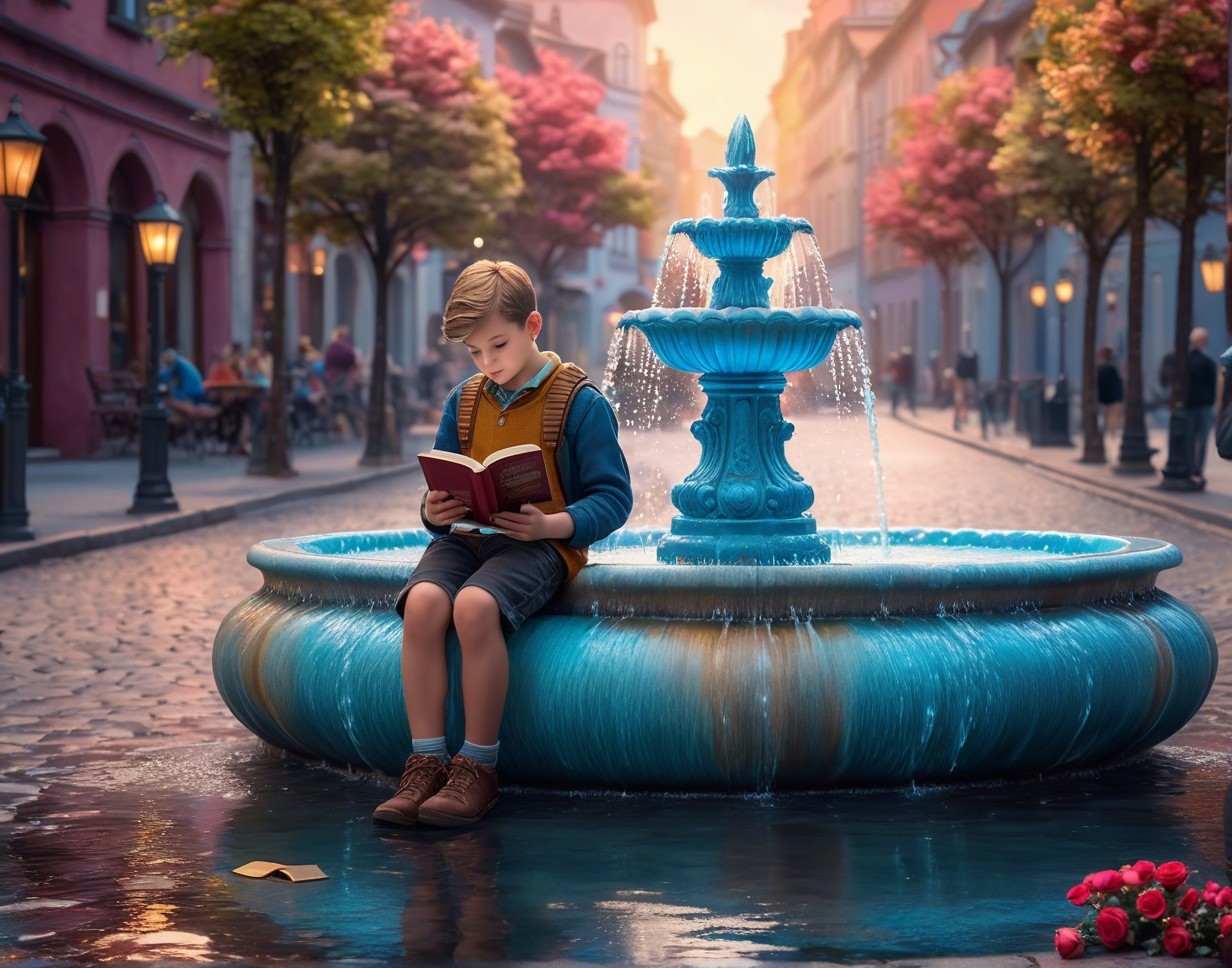 Boy Reading by Vibrant Blue Fountain at Sunset