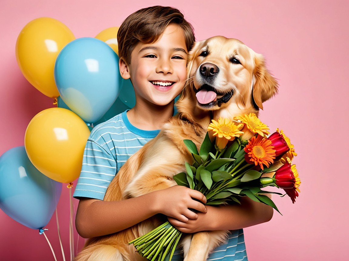 Young boy with golden retriever and colorful balloons